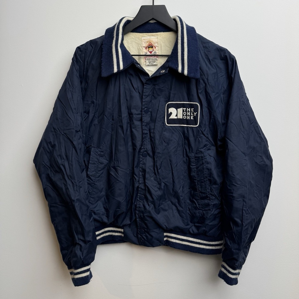 VTG 80s KTVZ 21 Jacket Bomber Windbreaker Blue M Snap Button Unisex Cotton Line